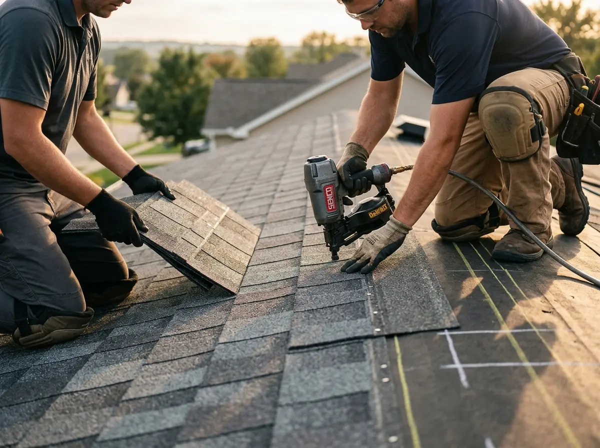 Professional roofer working on a residential roof in Orange Beach